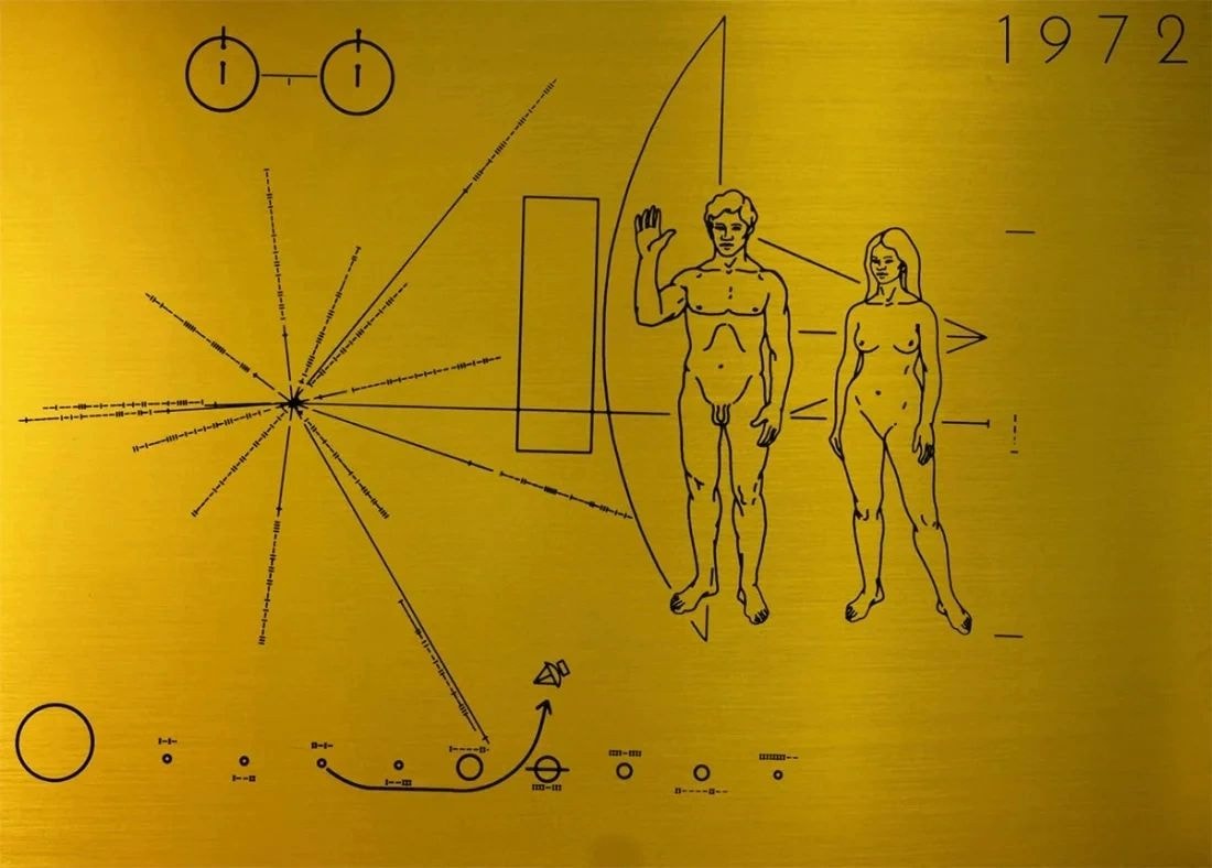 The 1972 NASA Pioneer 10 plaque — a gold-anodised aluminium message to the cosmos depicting a man and woman, our solar system, and pulsar coordinates